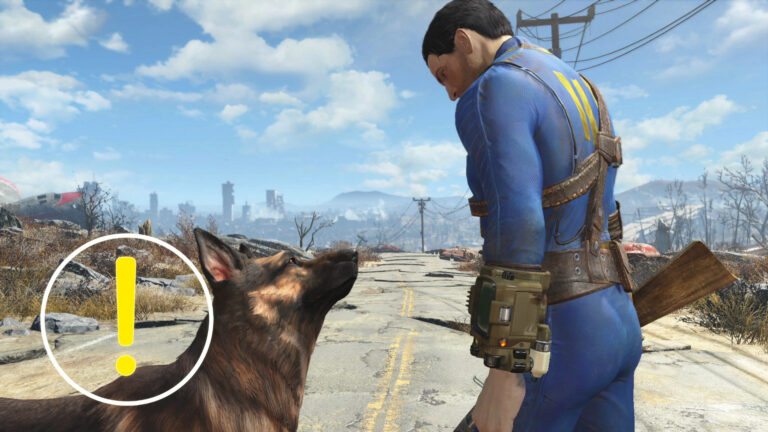 A man in a blue suit is standing next to a German shepherd.