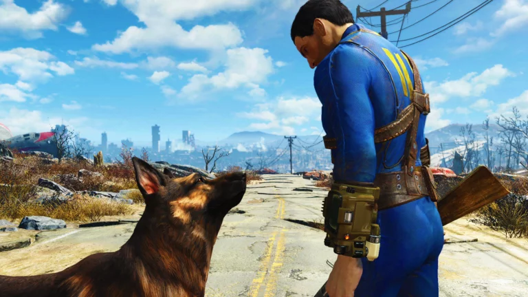 Der Hauptcharakter von Fallout 4 mit dem ikonischen Begleiter Dogmeat. Next-Gen-Update Bug Titelbild