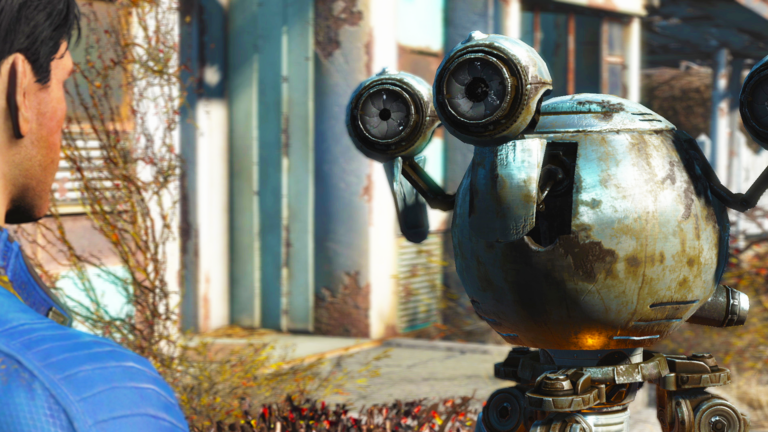 Der Hauptcharakter von Fallout 4 schaut auf den Roboter Codsworth. Next-Gen-Update Titelbild