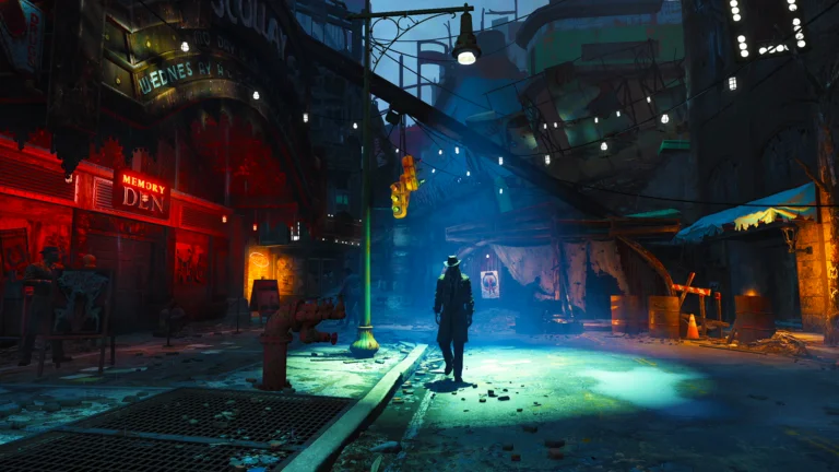 Ein Charakter steht in einer menschenleeren Stadt in Fallout 4 und wird von Strahlern beleuchtet. Proton-Update Titelbild