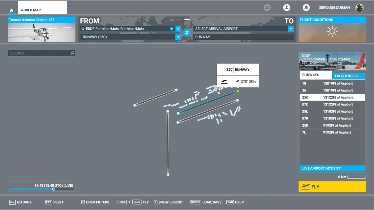 Display of the Frankfurt Airport runway 25C in the world map menu of Flight Simulator 2020