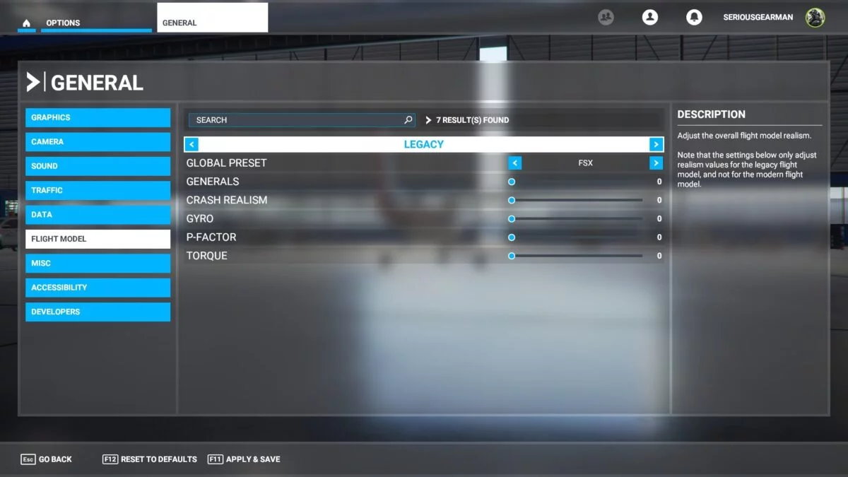 Settings menu "General", including the legacy flight model with options in Flight Simulator 2020