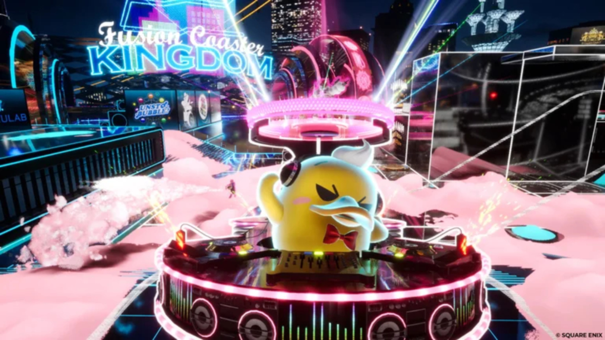 Ein Screenshot aus Foamstars zeigt eine Ente, die als DJ in einer Schaumarena auflegt.