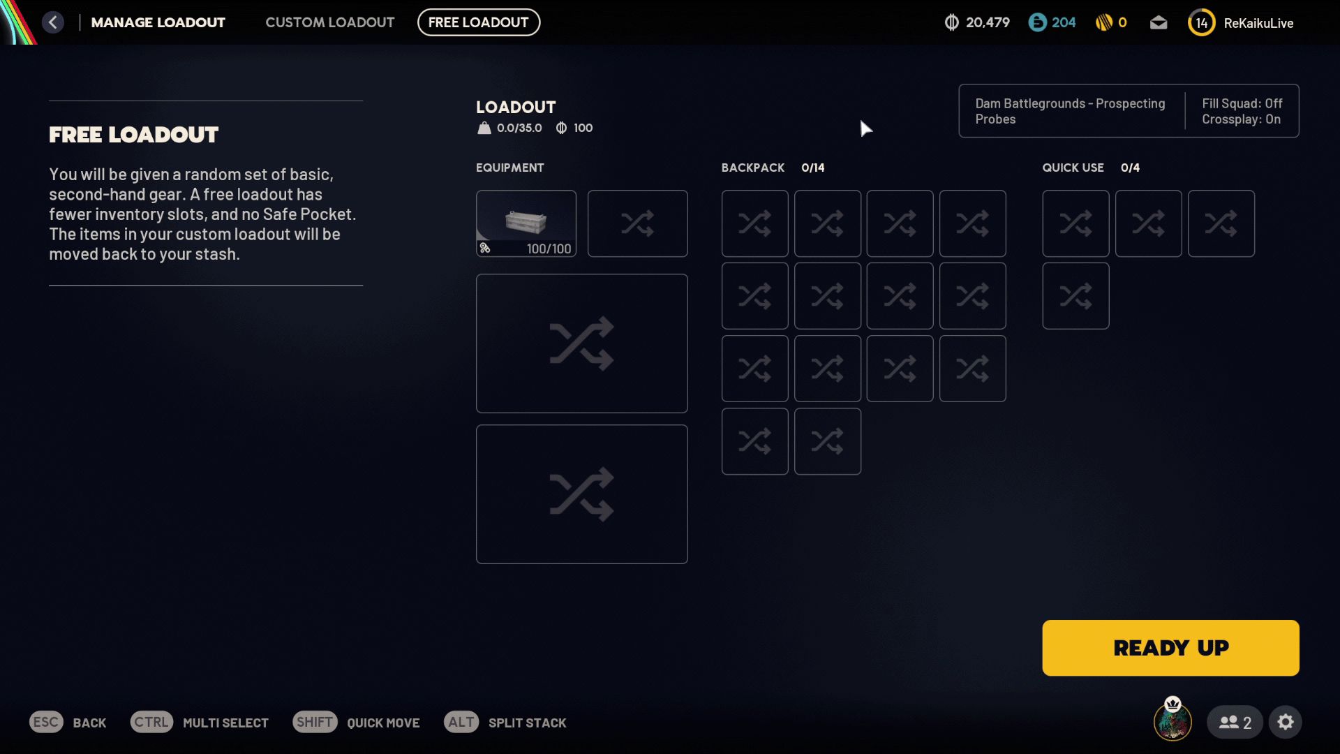 Display of the loadout menu with the “Free Loadout” option, offering a random selection of basic gear along with empty inventory and quick-use slots – gameplay scene from ARC Raiders.