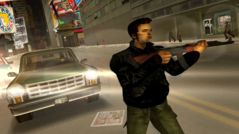 Eine Spielszene aus GTA 3 zeigt den Protagonisten mit einem Maschinengewehr auf der Straße vor einem Auto.