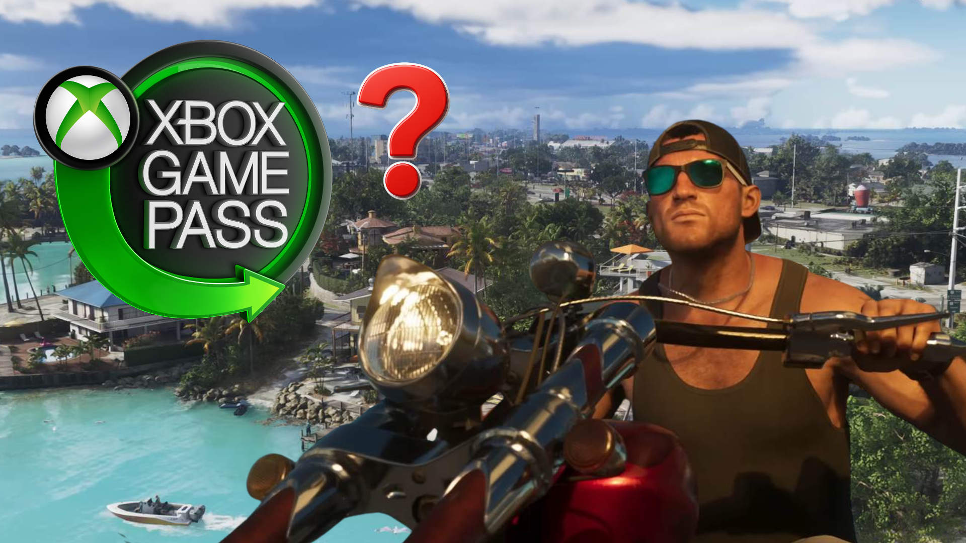 Ein Mann auf einem Motorrad, dahinter eine Stadt am Wasser.