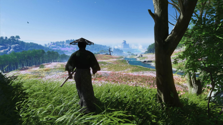 Samurai Jin wandert mit einem Strohhut über eine bunte Blumenwiese an einem sonnigen Tag im Videospiel Ghost of Tsushima.