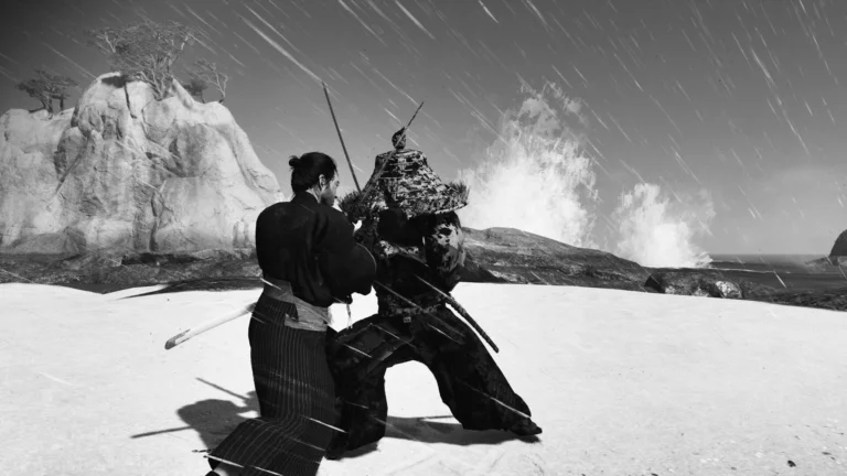 Im Spiel Ghost of Tsushima kämpfen zwei Samurai mit Katanas gegeneinander.