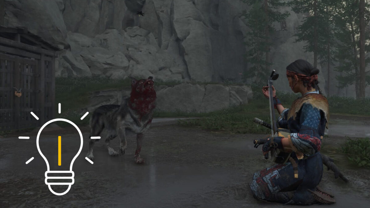 Atsu spielt auf einer Shamisen, während ein blutverschmierter Wolf heult.