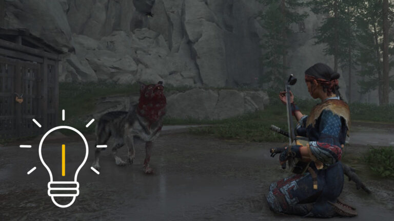 Atsu spielt auf einer Shamisen, während ein blutverschmierter Wolf heult.