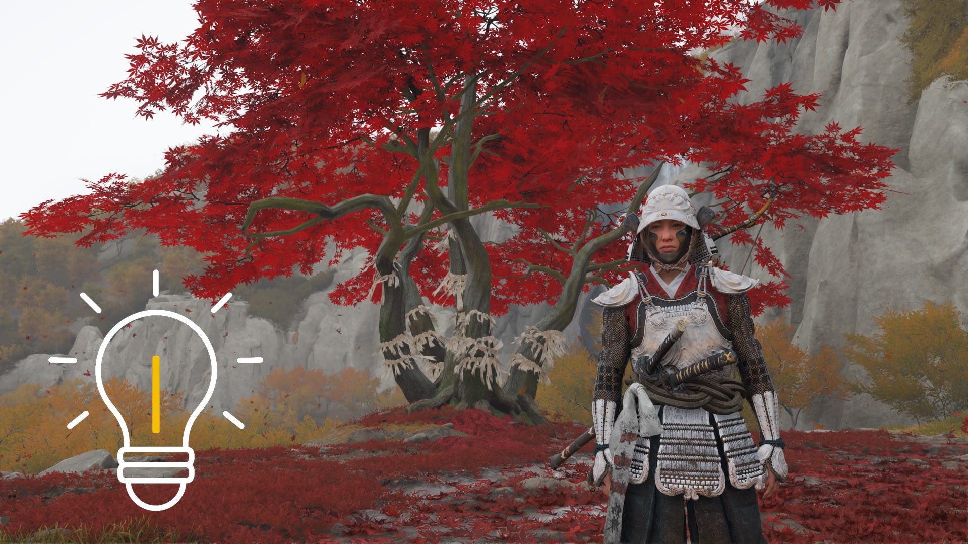 Atsu stands in full armor in front of a red dueling tree.