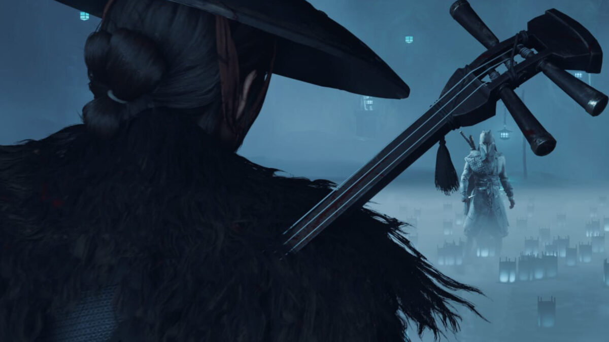 Atsu stands before Kitsune, with several spirit lights glowing on the ground.