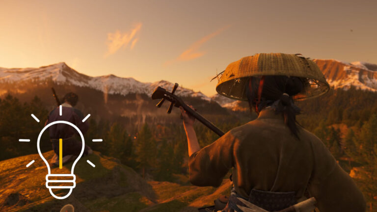 Atsu sitzt mit ihrem Shamisen an einem Berg.