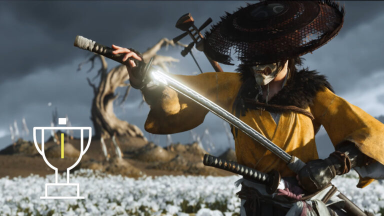 A warrior woman with a white mask and a katana in her hand.