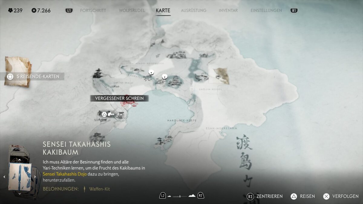 EIne Karte von Ghost of Yotei mit einem markierten vergessenen Schrein.