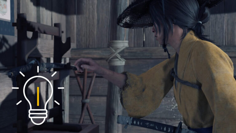 Atsu stands in front of a katana hanging on a wall.