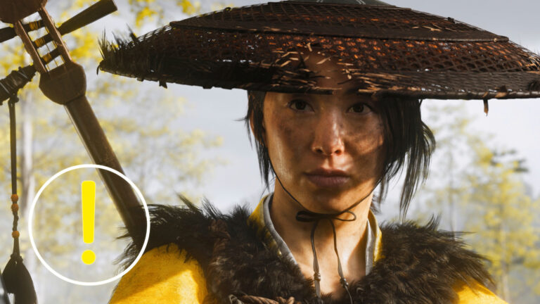 A warrior wearing a hat with a katana on her back.