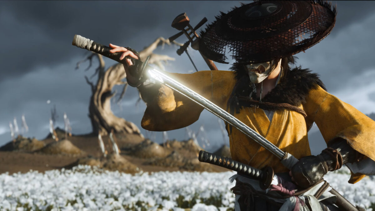 A warrior wearing a white mask while holding a katana.