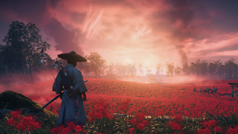 Samurai Jiin Sakai wandert in Ghost of Tsushima auf einer Blumenwiese umher.