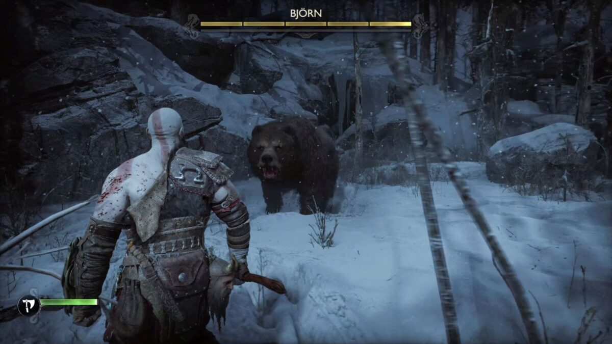 Kratos steht in God of War Ragnarök einem angriffslustigen Braunbären gegenüber. 