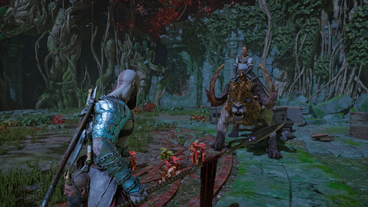 Kratos steht in God of War Ragnarök Gott Heimdall und seinem Reittier gegenüber.
