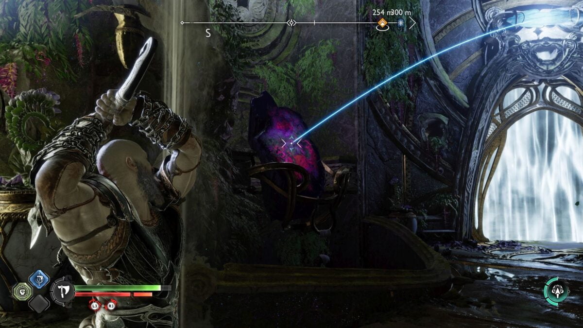 Kratos zielt in God of War Ragnarök mit der Leviathan-Axt auf einen lila schimmernden Stein.