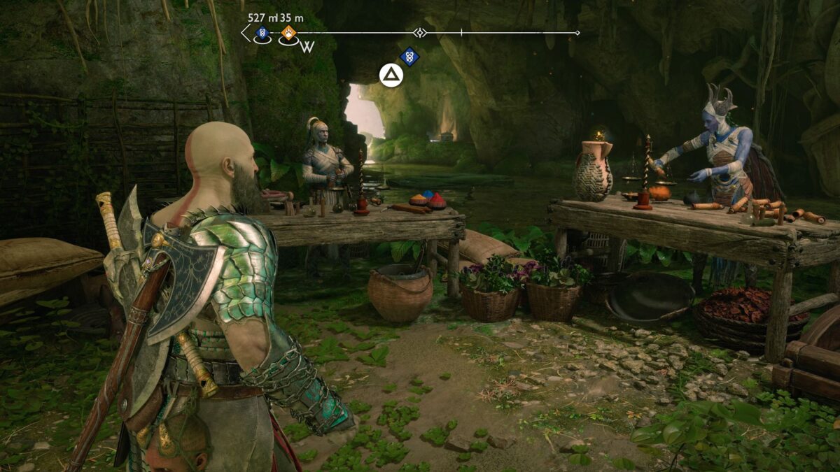 Kratos spricht in God of War Ragnarök mit zwei Alben, die an hölzernen Tischen Tränke brauen.
