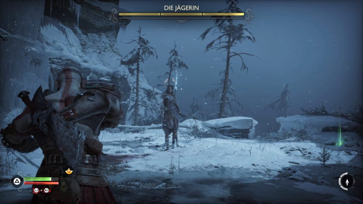 Kratos steht in God of War Ragnarök der Jägerin gegenüber.