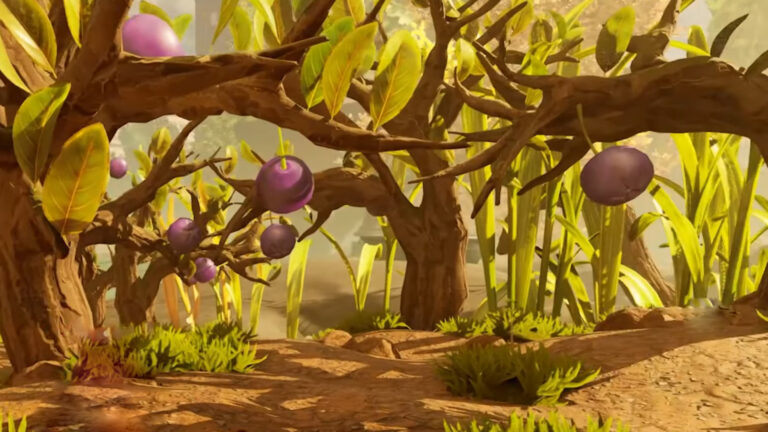 Several trees with blueberries hanging from them.
