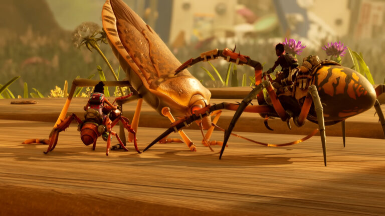 Ein großer Käfer, eine Spinne und eine rote Ameise, die gegeneinander kämpfen.