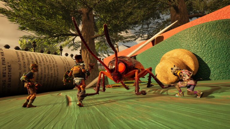 Four shrunken characters confront a large red insect in a backyard setting in Grounded 2.
