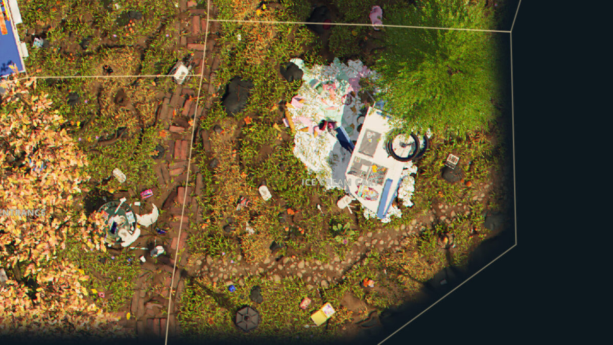 Map of Grounded 2 with several green areas and an ice cream cart seen from above.