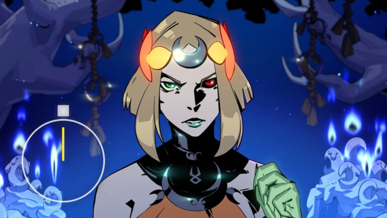 A woman with one green and one red eye stares sternly ahead.