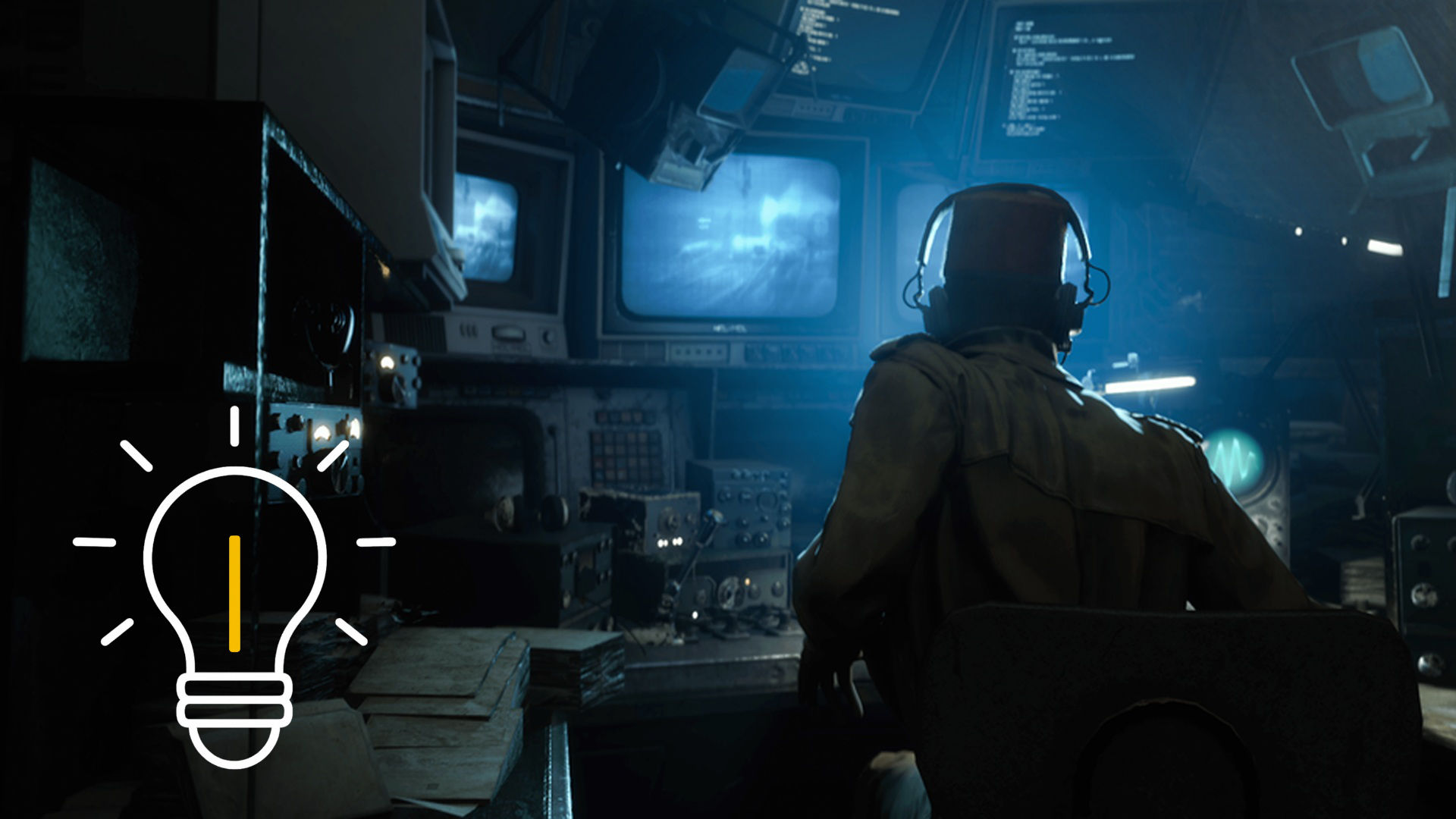 Arc Raiders: An operator stands in a dim control room surrounded by monitors — a quest hint pointing to tips and missions after the storm.