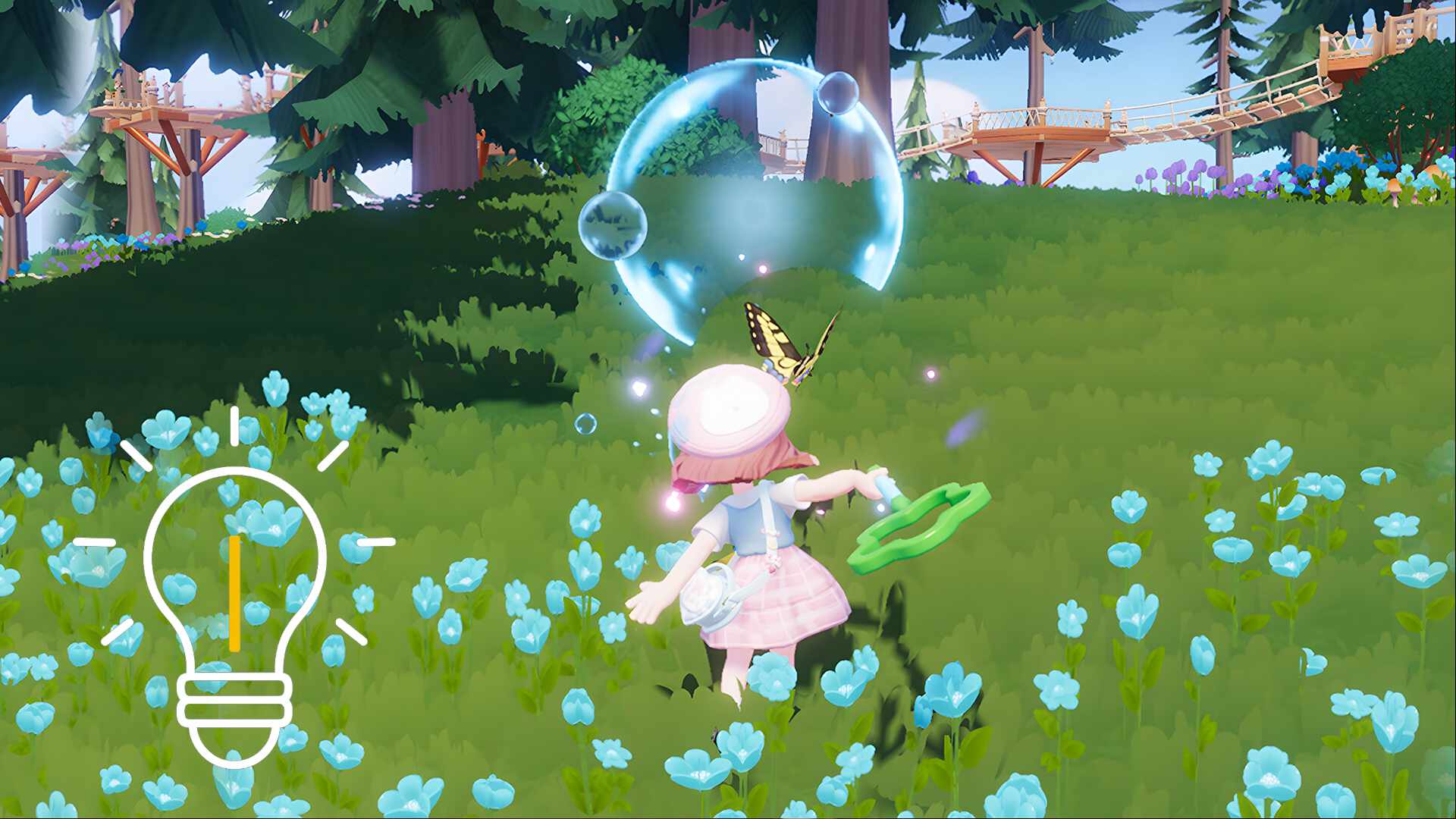 A girl runs through a flower meadow blowing soap bubbles.