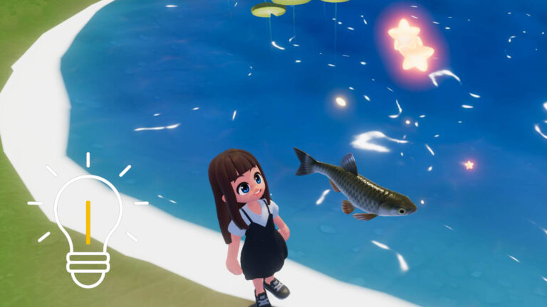 Ein Mädchen mit braunen Haaren steht am Ufer - über ihr ein Fisch.