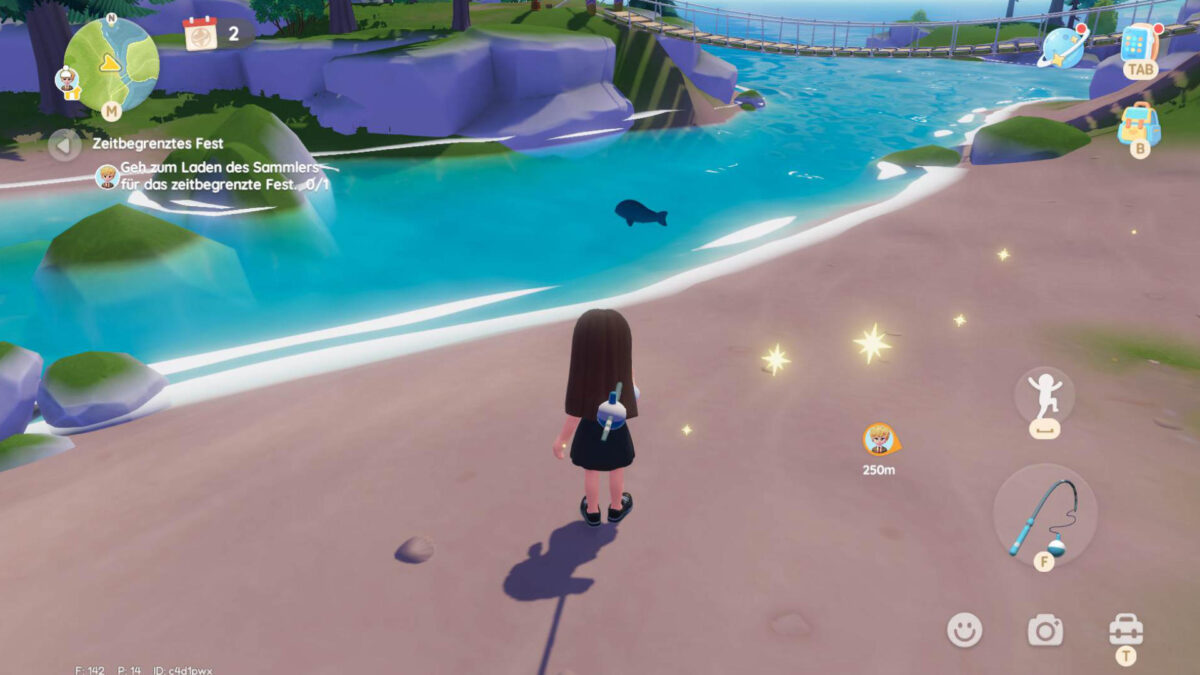 Ein Mädchen mit braunen Haaren steht am Wasser und schaut auf einen Fischschatten.