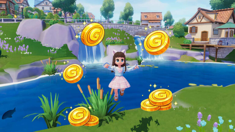 Ein Mädchen springt vor einem See. Drumherum mehrere Goldmünzen.