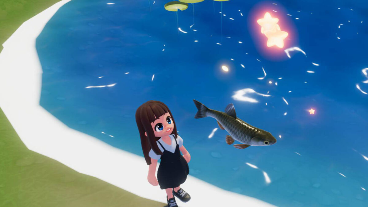 Ein Mädchen steht am Wasser, über ihr schwebt ein Fisch.