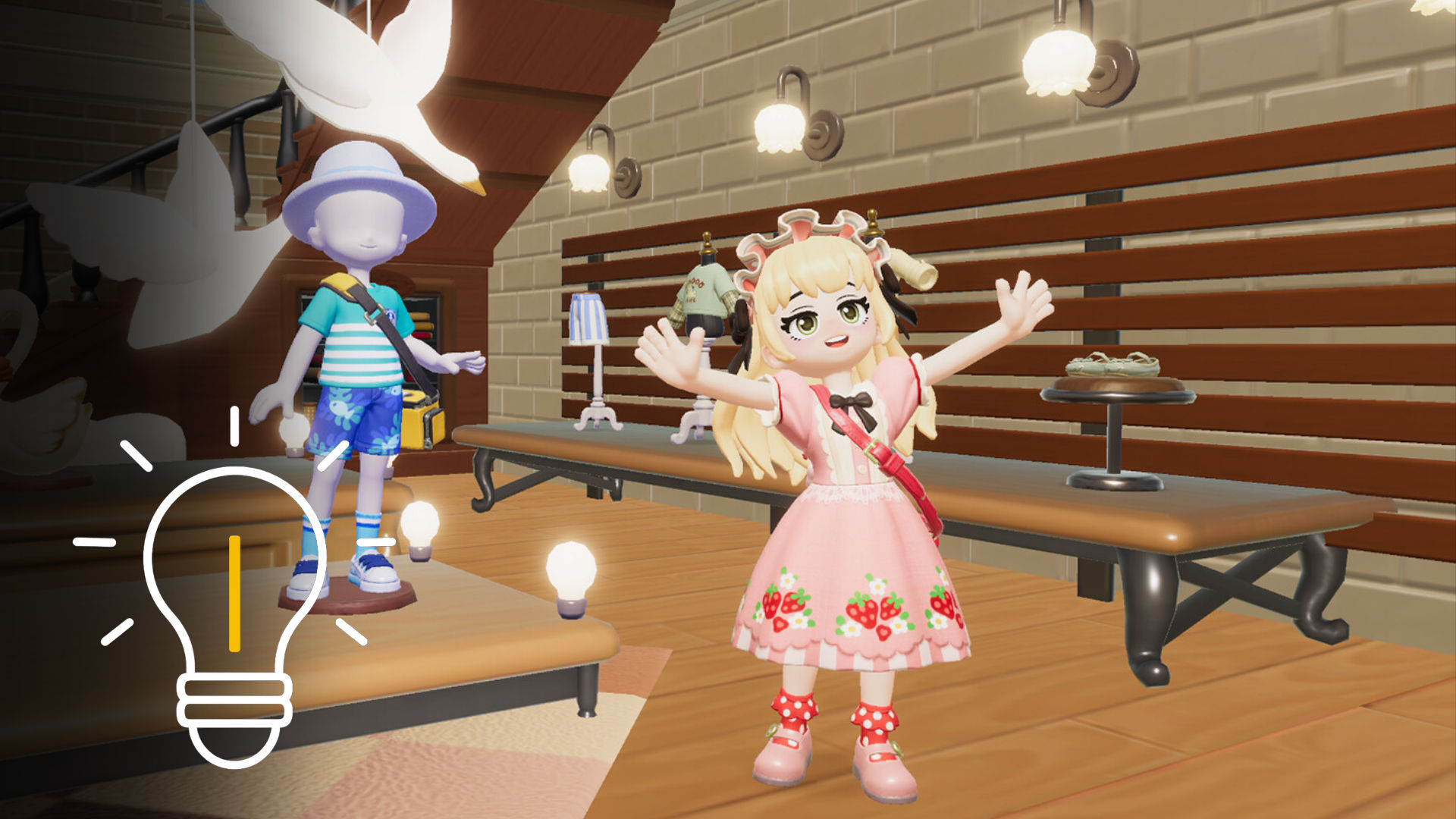 Niedliche Spielfigur in Heartopia hebt jubelnd die Arme, im Hintergrund stylische Outfits und Möbel – cozy Social-Game mit Kreativfokus.