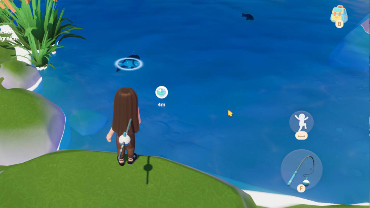 A girl with brown hair is standing on the shore and fishing.