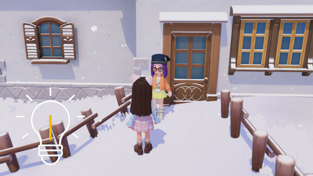 Ein Mädchen mit braunen Haaren, steht vor einem Mädchen mit lila Haaren in Heartopia.