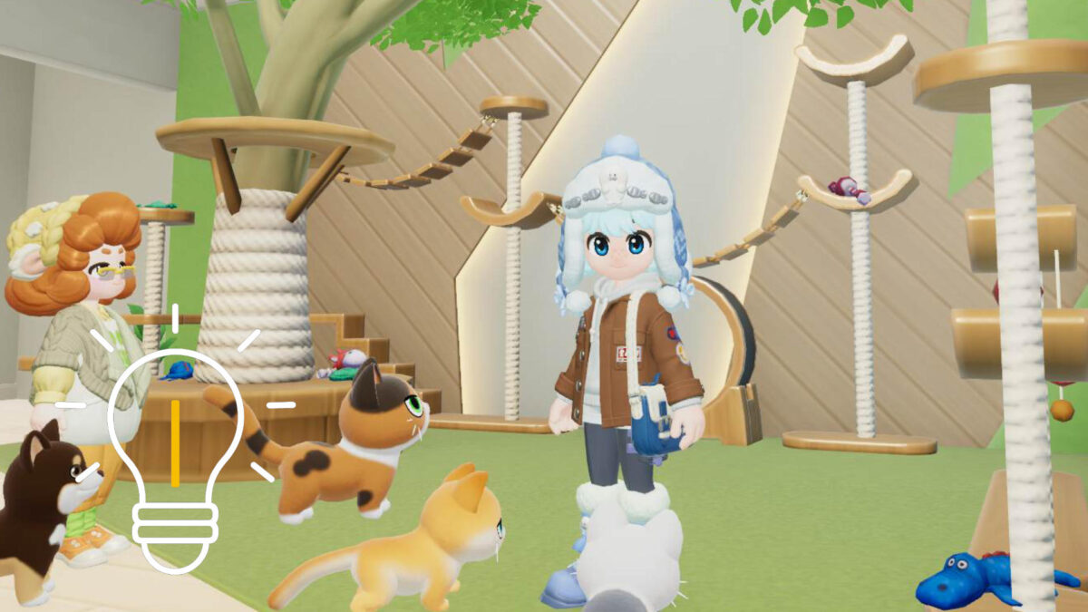 Ein Mädchen steht in einem Laden mit zahlreichen Katzen und Hunden.