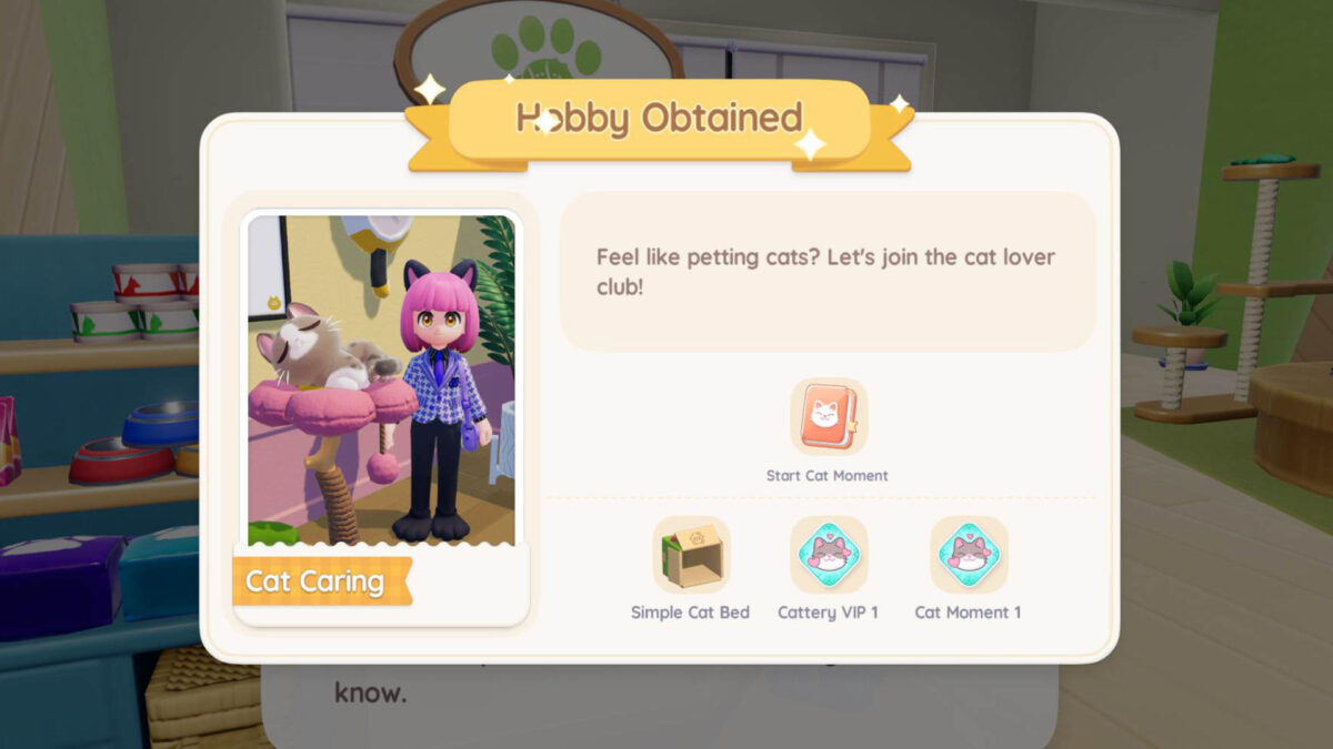 Menüübersicht, die erklärt, dass man die Katzenpflege erlernt hat.