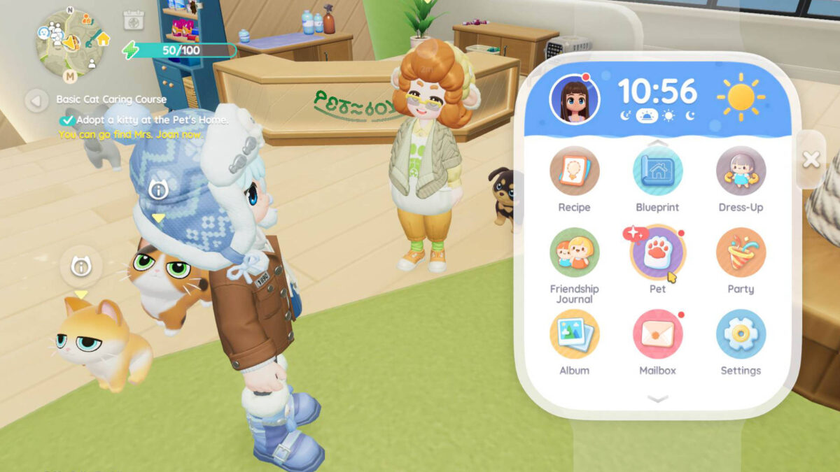 Ein Mädchen steht neben einer Frau. Daneben ein Menü mit verschiedenen Symbolen.