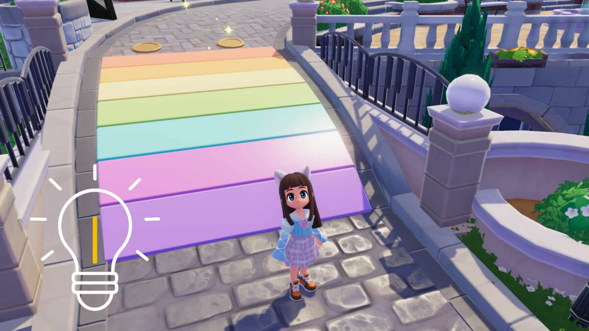 Ein Mädchen steht vor einer Regenbogenbrücke.