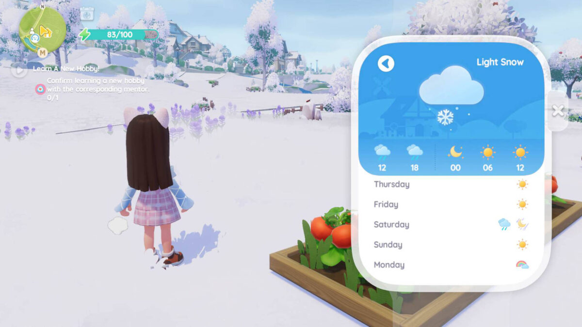 Ein Mädchen steht im Schnee. Daneben ein geöffnetes Fenster mit einer Wetteraussicht.