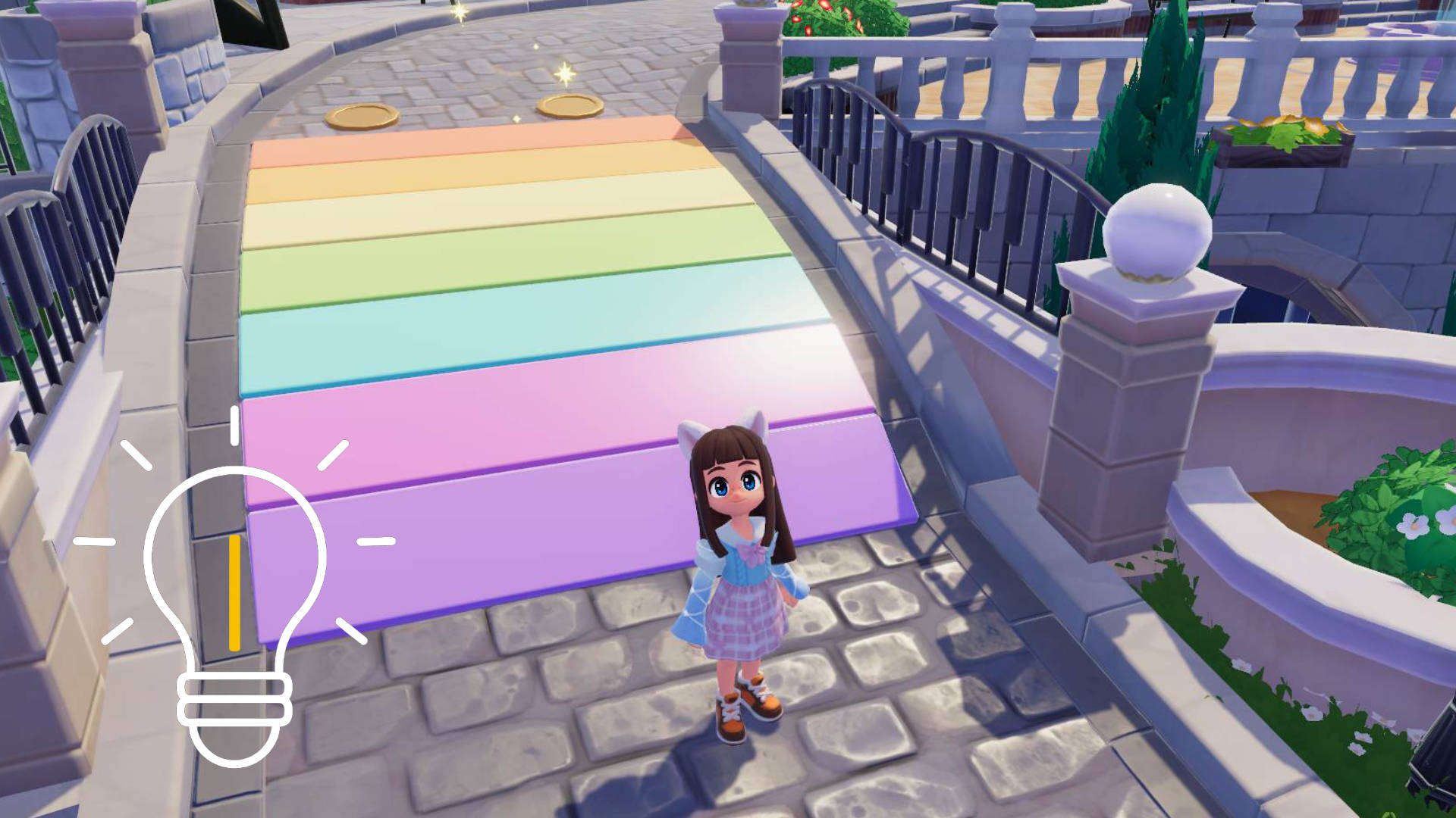 A girl stands in front of a rainbow bridge.