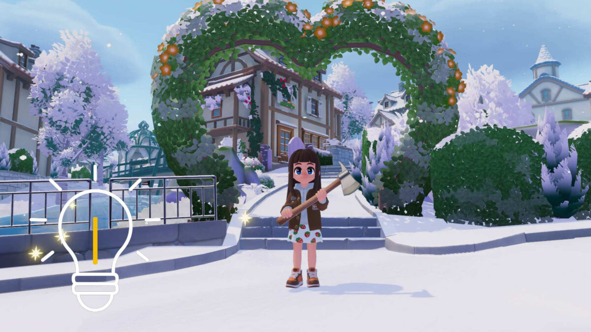 Ein Mädchen mit Axt steht vor einem blühenden Herzbogen.