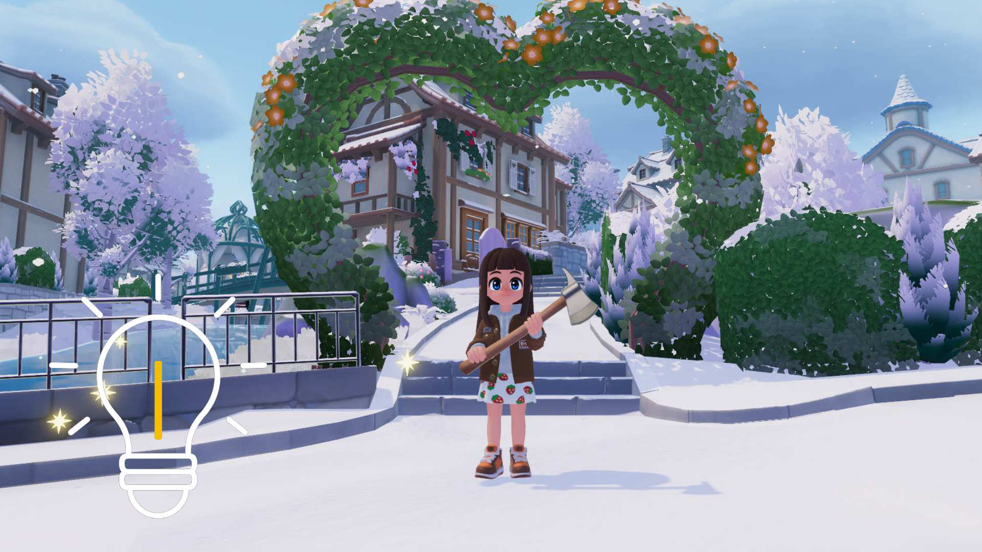 Ein Mädchen mit Axt steht vor einem blühenden Herzbogen.